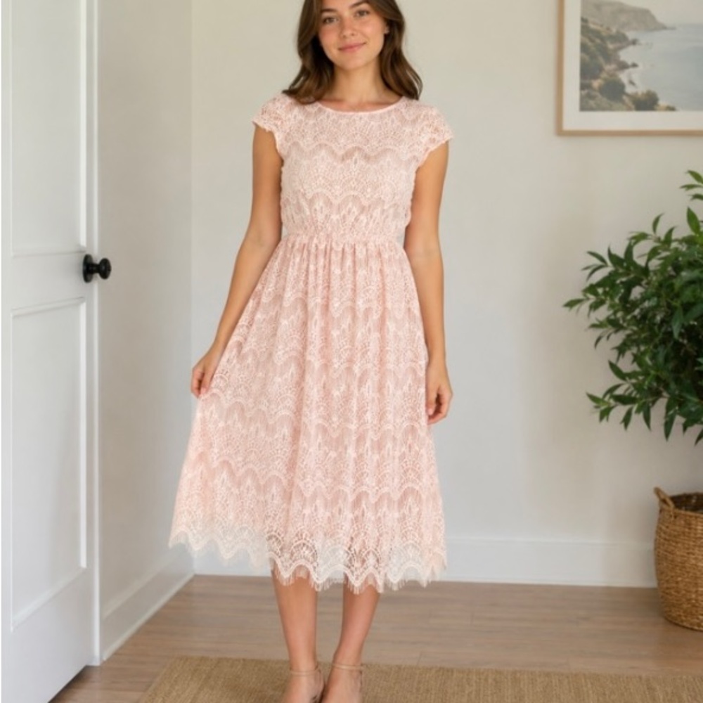 Elegant Lace Midi Dress in Blush Pink